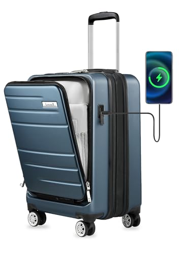 LUGGEX Carry On Luggage with Front Pocket, Expandable Polycarbonate Hard Shell Suitcase with USB Port (Blue, 20 Inch)