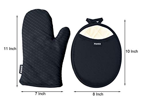 Honla Pot Holders And Oven Mitts Gloves With Silicone Printed,2 Hot Pads And 2 Potholders Set,4 Piece Heat Resistant Kitchen Linens Set For Cooking,Baking,Grilling,Barbecue,Black #TOP5