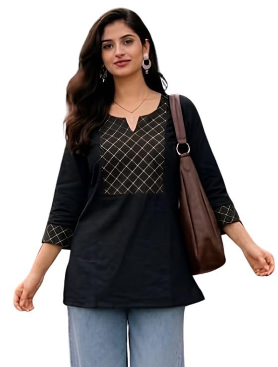Cotton Solid Straight Short Kurti for Women | Boat Neck Kurta for Girls | 3/4 Sleeves Kurti | Embroidered Yoke Casual Ethnic Tunic Top | BLACKBOXCHECK[2]-picture-14