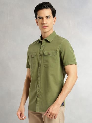 Image of Thomas Scott Men's | Solid | Half Sleeve | Slim Fit | Linen Blend | Double Flap Pocket | Spread Collar | Casual Shirt for Men