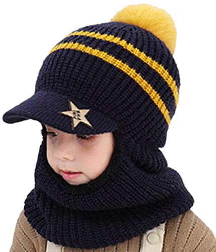 JFAN Chapeau Hiver Chaud Enfants Tricotée Polaire Bonnet avec Visière Capuche Chapeaux Earflap pour Filles Garçons Laine Mohair Multicolore Beanie Navy