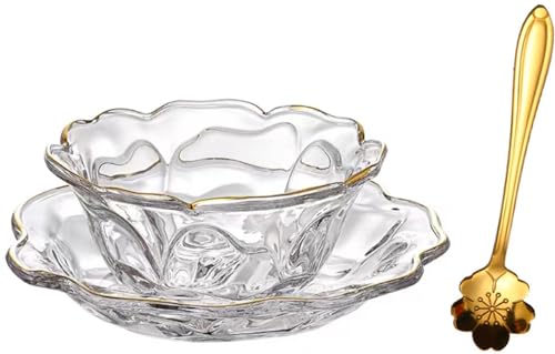 KKGUD Rose Shaped Glass Dessert Bowl with Saucer and Spoon, 6oz Glass Bowl with Gold Rim