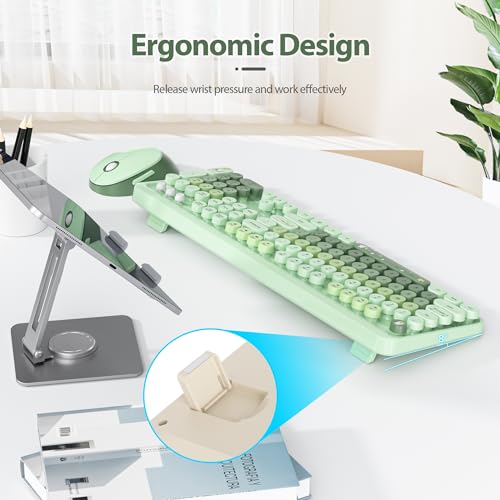 Image of Fogruaden Green Keyboard and Mouse Wireless, Retro Typewriter Keyboard, 2.4GHz 104 Keys Full Size Cute Keyboard with Number Pad, Gradient Colorful Keyboard with Round Keycaps for Windows PC Laptop