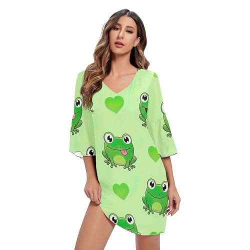 Robe d'été mousseline de soie femmes imprimé grenouilles vertes fluide