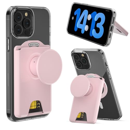 for MagSafe Wallet Stand Magnetic Wallet Stand Adjustable Phone Stand Card Holder with Secure Grip for Samsung S25 S24 S23 Series and for iPhone 17 16 15 14 13 12 Series Fit 3 Cards Pink