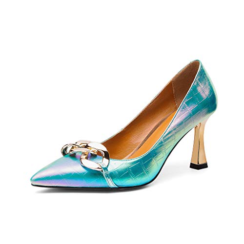 TinaCus Women's Genuine Leather Handmade Pointed Toe Sexy Mental High Kitten Heel Slip On Loafer Pumps with Mental Pattern Decor