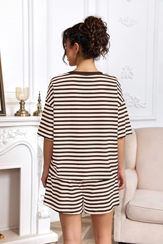 Image of Ythomm Striped Pajamas Shorts Sets Women 2 Piece Lounge Outfits Short Sleeve Tees Drawstring Shorts Summer Matching Pj Sets