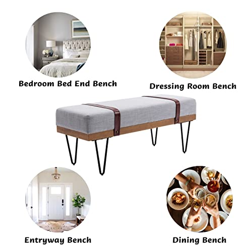 Lukealon Comfy Linen Long Entryway Bench, Padded Bedroom Bed End Bench Modern Ottoman Bench With Two Straps And Metal Hairpin Legs Industrial Dining Table Bench For Living Room, Grey #TOP5