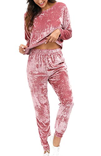 Women Velvet 2 Piece Wrinkle Tracksuits Pajamas Lounge Sets Outfits S Maroon Pink