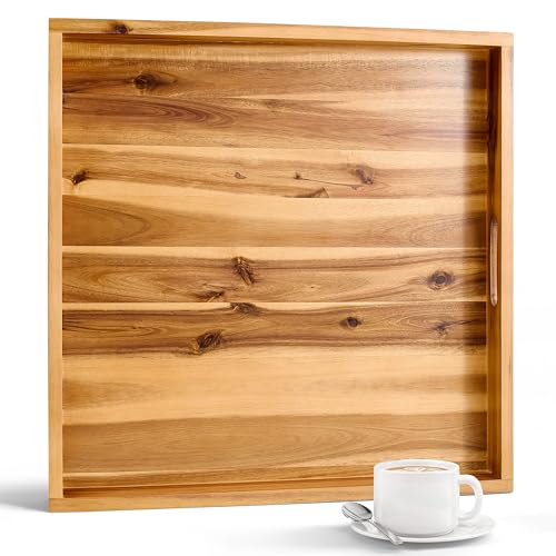 TIDITA Acacia Wood Square Ottoman Tray - Wooden Square Serving Tray with Handles - Extra Large Food Serving Trays for Decorative, Coffee Table, Breakfast in Beds (Acacia, 20" x 20" x 2.4") by Tidita - Used condition - CA$61.00