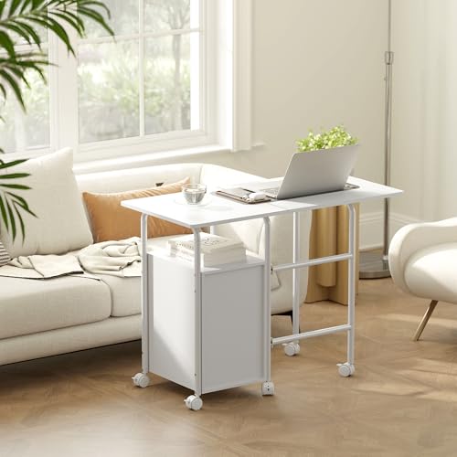 HOMCOM Bureau Pliable sur roulettes avec 3 Tiroirs 105x51x75,5cm Blanc – vue 8