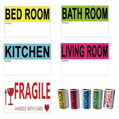 300 Count 3 x 2 Inch Home Moving Labels for 1 Bedroom House Apartment, 5 Large Color Coded Label Sticker Rolls with Fragile Label for Moving Wardrobe Boxes Moving Packing Supplies Cover