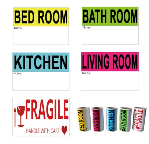 300 etichette adesive da 7,6 x 5,1 cm, per 1 camera da letto, casa, appartamento, 5 grandi rotoli di etichette adesive con codice colore con etichetta fragile per spostare scatole guardaroba forniture