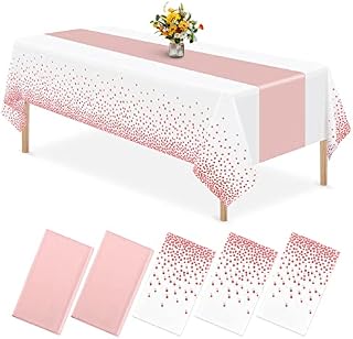 3 Pack Tablecloths & 2 Pack Table Runners Set Rose Gold Plastic Disposable Dot Tablecloth Table Covers 54"x108" and Satin Table Runner 12 x 108 Inch for Wedding Birthday Party Anniversary