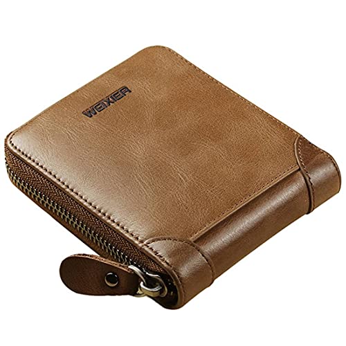 Retro Men's Short Wallet PU Leather Zipper Wallet Bifold (Khaki)