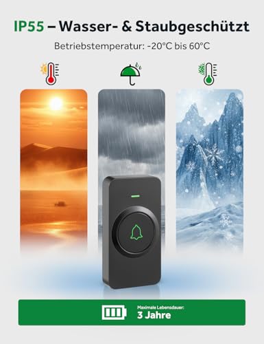 AVANTEK Kabellose Türklingel Batteriebetrieben, Mini Funkklingel 300M mit 2 Empfänger, IP55 Wasserdicht Elektronische Türglocken… – Ansicht 3