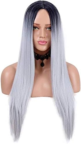 YUNSI Grey Wigs for Women Ombre Grey Natural Straight Long Synthetic Hair Heat Safe No Lace Front Wig 30 Inches - Image 3