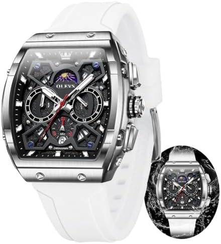 OLEVS Watches Men Chronograph Waterproof Rectangle Face Moon Phase Watches for Men Luminous Quartz Calendar Mens Wrist Watch - Silicon Strap