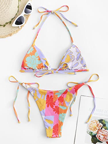 Image of ZAFUL Womens Printed Triangle Bikinis 2 Piece Halter Bikini Sets High Cut Bathing Suit Side Tie Swimsuits
