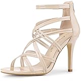 Allegra K Women's Open Toe Strappy Stiletto Heel Beige Lace Up Sandals 7 M US