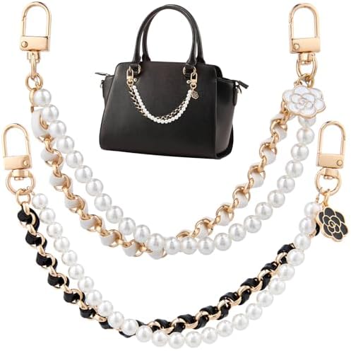 HINZIC 2Pcs Pearl Purse Chain Extender 10inch Black Gold Handbag Straps Cute Flower Metal Shoulder Crossbody Bags Short Handle Replacement Charms Accessories for Women