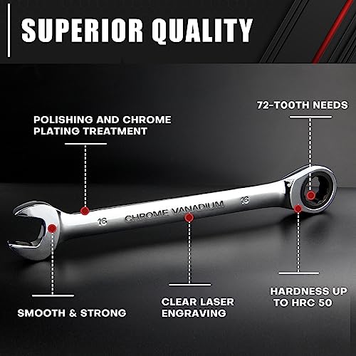 C&T 22-Piece Ratcheting Combination Wrench Set, SAE & Metric,72 Teeth,CR-V Steel,1/4\"-3/4\" & 6-18mm,Ratchet Wrenches Set with Organizer Box - Thumbnail 4