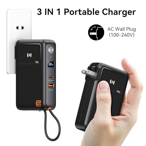 Portable Charger with Wall Plug 10000mAh, 35W Power Bank With Built in USB C Cable for iPhone Samsung, 65W GaN Wall Charger for Laptop MacBook, Travel Battery Pack for Apple Android Smartphone