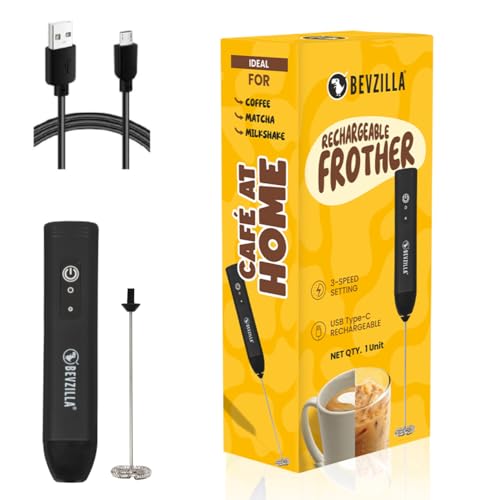 Image of Bevzilla Rechargeable Electric Frother | 3-Speed Handheld Coffee Frother with Type-C Fast Charging | Ideal for Coffee, Matcha & Milkshakes | One-Touch Operation