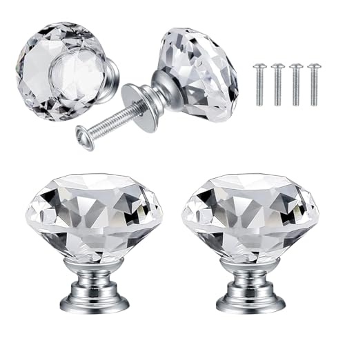 QUIIEOSKIA 4 Pcs Bouton de Porte de Cristal, Poignées de Diamant, Poignee de Meuble Diamant, Poignée Boutons Décoration de Armoire, Tiroir, Cuisine Bouton...