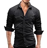 chouyatou Men's Western Long Sleeve Button Down Comfort Distressed Denim Shirts (X-Large, Black)