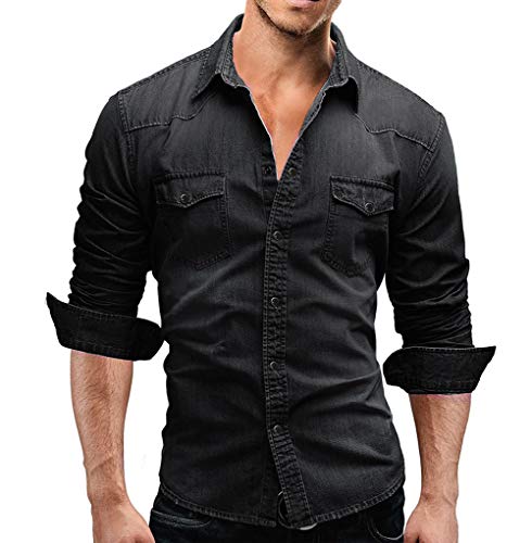 chouyatou Men s Western Long Sleeve Button Down Comfort Distressed Denim Shirts (Medium, Black)