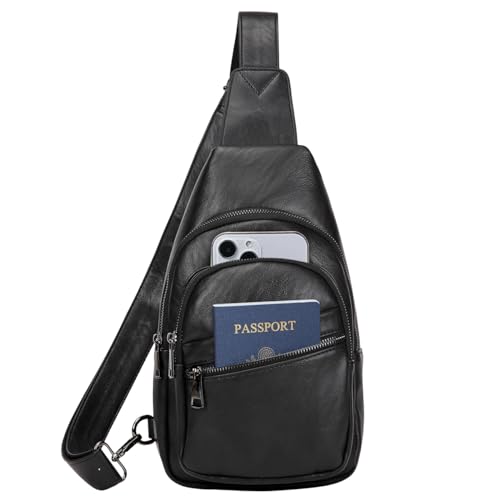 RAVUO Sling Bag, PU Leather Crossbody Backpack for Women Men Casual Hiking Daypack Multipurpose Chest Bag for Work College Black