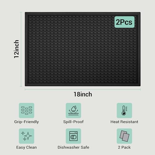 Rubber Bar Mat for Counter, Black 2 Pack 12"x18" grip-friendly Coffee Bar Mat, Heat Resistant & Spill-proof Countertop Protector Mat for Kitchen, Home Bar, Coffee Station, Easy Clean Dish Drying Mat — view 5