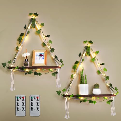 Hanging Shelf with Vine Lights, Macrame Plant Shelf, Wall Shelf, Wall Storage with Handmade Woven Ropes, Floating Shelf, Boho Room Decor Aesthetic for Succulents, Bedroom, Living Room, Bathroom