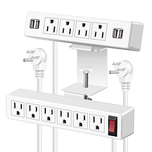 White 2 in 1 Desktop Edge Power Strip,Removable Clamp Power Outlet Socket Under Desk 6AC Outlets with Switch & 4 AC Outlets 4 USB-A Ports,6.5 ft Extension Cord