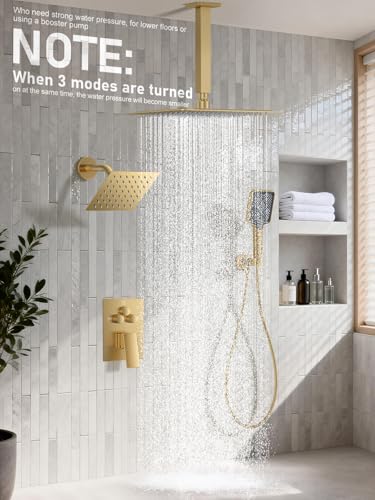 Image of Woindo Shower Faucet Set, 10 inch Ceiling Mount Rainfall Shower System with 2 Rain Shower Head and Multi-function Handheld Head Push Button Diverter Shower Faucet Trim Kit