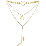 Suyi Stylish Layered Sequins Choker Necklace with Thin Long Chain Pendant for Women Lady Girl (Moon