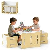 LIFEZEAL Kindertisch mit 2 Stühlen, Montessori Kindersitzgruppe mit Wendebank, Kindertisch- und Stuhlset zum Lesen,Essen & Spielen, Kinder Tisch Stuhl Set für Kindergarten & Kinderzimmer (Natur)
