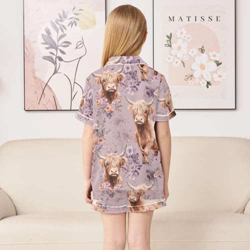 ALAZA Cute Highland Cow Flower Satin Pajamas Set Short Sleeve Button Down Sleepwear Summer Pjs 2 Piece4