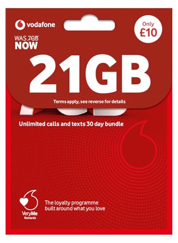 Vodafone SIM Card UK PREPAID PAYG £10 Bundle -21GB (14GB FREE) DATA + Unlimited Mins & Texts + International Calling Option - (Love2surf RETAIL PACK)