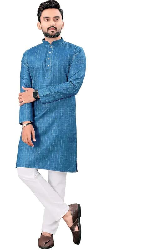 Image of FASHION GALLERY Men's Solid Pattern Polycotton Kurta with Long Sleeve Round Neck Knee Length and Pull On Closure Type|Men Kurta Pajama Set