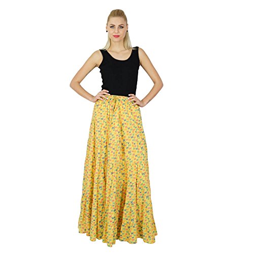 Bimba Womens Long Flaired Cotton Skirt Printed Boho Style Maxi Elastic Waist Bottoms Yellow #TOP2