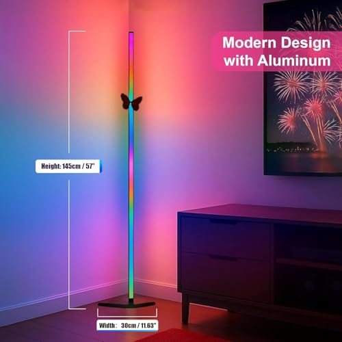 Image of Corner Floor Lamp - 57'' Tall RGB Lamp with Music Sync, 16 Million Colors, 88 LED Dual RGB White, Voice & App Control Mood Light with Timer & Remote for Gaming, Bedroom & Living Room