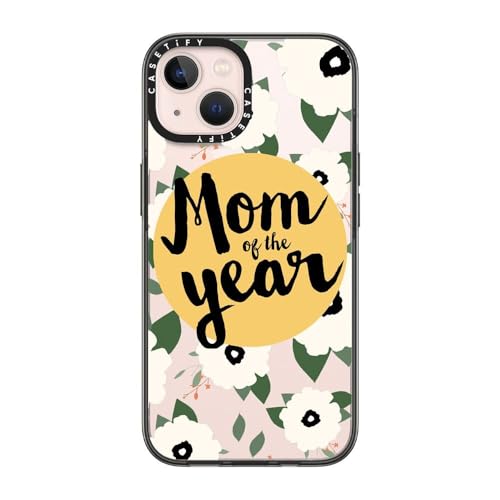 CASETIFY Compact Case for iPhone 13 [Lightweight / 4 ft. 2X Military Grade Drop Protection/Slim] - Mom of The Year Yellow Floral - Clear Black