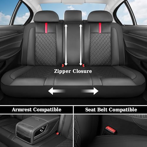 Image of Coverado Car Seat Covers Full Set, Waterproof Front Seats Back Seat Cover, Leather Seat Cushion Universal Fit for Most Cars (Black-Red)