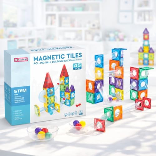 Image of Storio 3D Magnetic Tiles Building Blocks with Ball Runner Tunnels - 45 Pcs | Magnetic Construction Set for Kids 3-8 Years | STEM Educational Toy | Creative Brain Development Gift for Boys & Girls