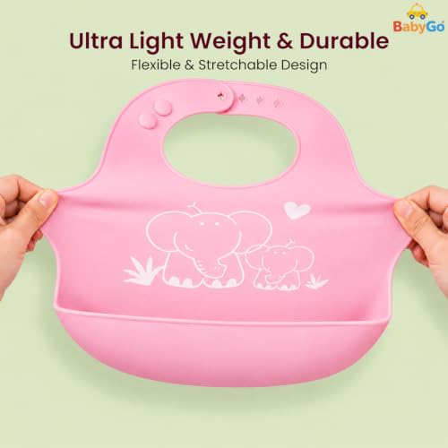 Image of BabyGo Silicone Baby Bib for Feeding & Weaning Infants & Toddlers |Waterproof, Washable & Reusable | Adjustable Neckline, Lightweight & Foldable Bib with Deep Food Catcher Pocket |Pink (Pack of 1)