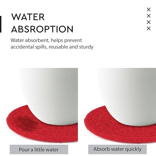 Image of Encasa XO Drink Coasters Set of 6 | Red with Round (9 cm) | Handcrafted Ribbed Cotton | Absorbent & Heat-Resistant | Use for Tea, Coffee Table & Desk