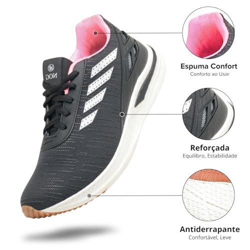 Tênis Feminino Esportivo Para Academia De Corrida Caminhada Confortável (Preto/Rosa, BR, Adulto, Num