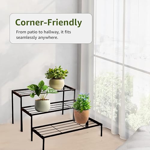 Image of Amazon Brand - Solimo Metal Plant Stand (Set of 3, Black) - Heavy-Duty, Rust-Resistant Iron Rack, Indoor & Outdoor Use, 25.5 x 70 x 38cm, Supports 60 kg per Shelf